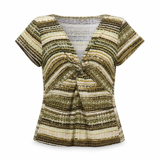Preworn Womens Gold Striped Polyester Basic Blouse Size M V-Neck - Knot Detail