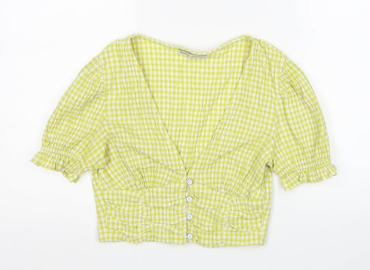Pull&Bear Womens Yellow Check Cotton Cropped Blouse Size M V-Neck