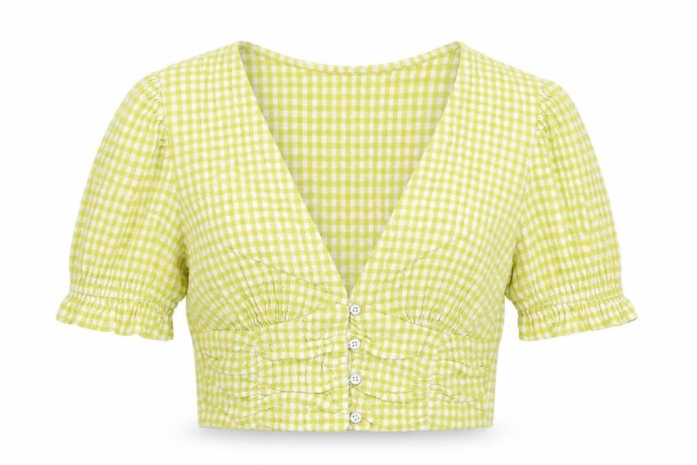 Pull&Bear Womens Yellow Check Cotton Cropped Blouse Size M V-Neck