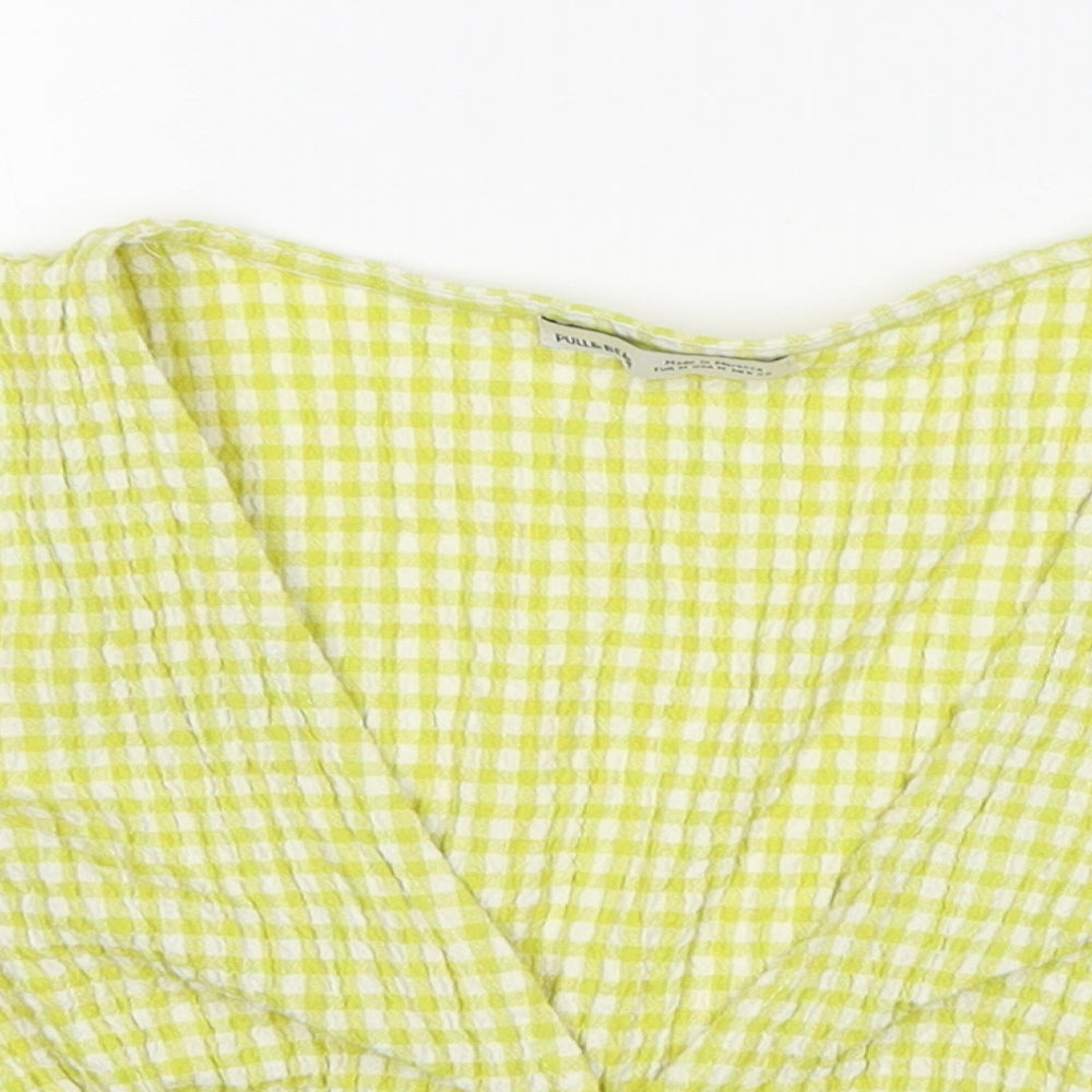 Pull&Bear Womens Yellow Check Cotton Cropped Blouse Size M V-Neck