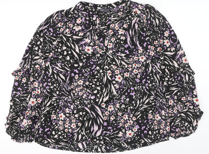 Marks & Spencer Womens Black Floral Viscose Basic Button-Up Size 12 V-Neck