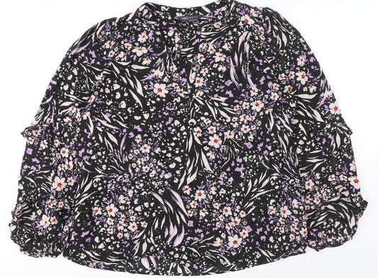 Marks and Spencer Womens Black Floral Viscose Basic Button-Up Size 12 V-Neck