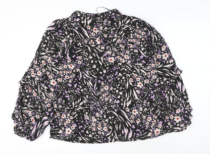 Marks & Spencer Womens Black Floral Viscose Basic Button-Up Size 12 V-Neck