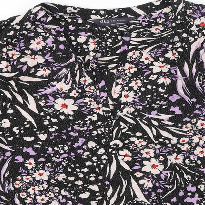 Marks & Spencer Womens Black Floral Viscose Basic Button-Up Size 12 V-Neck