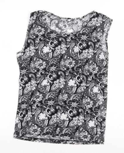Preworn Womens Black Floral Polyester Basic Blouse Size L Round Neck