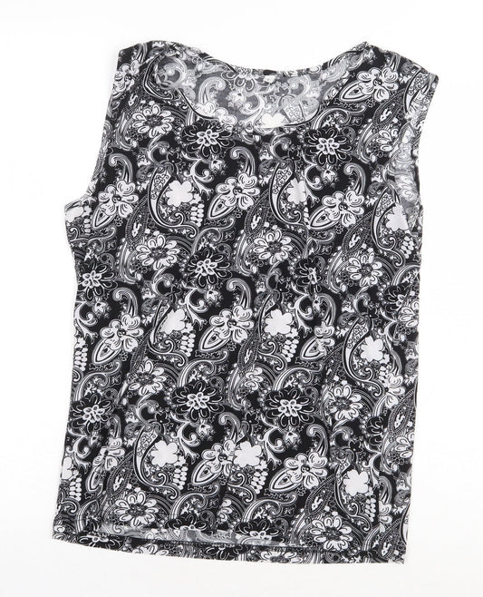 Preworn Womens Black Floral Polyester Basic Blouse Size L Round Neck