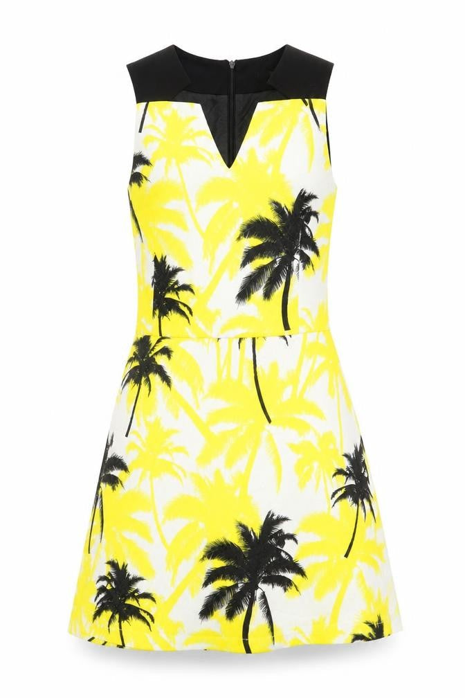 Classic Tricot Womens Yellow Geometric Polyester Fit & Flare Size S V-Neck Zip - Palm Trees