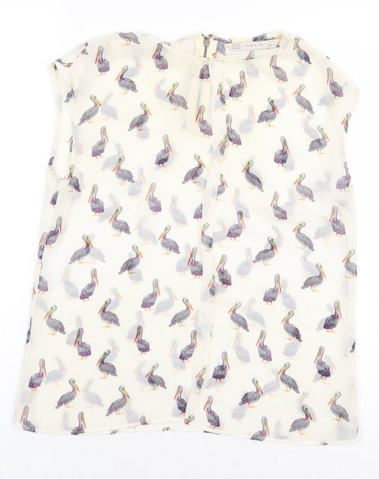 Zara Womens Beige Geometric Polyester Basic Blouse Size XS Round Neck - Bird