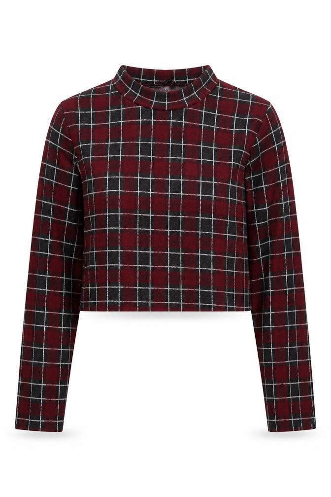 pull Womens Red Plaid Polyester Cropped T-Shirt Size M Round Neck