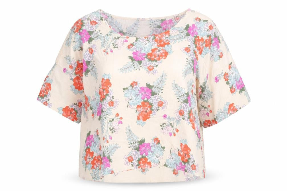 New Look Womens Beige Floral Viscose Basic Blouse Size 16 Boat Neck