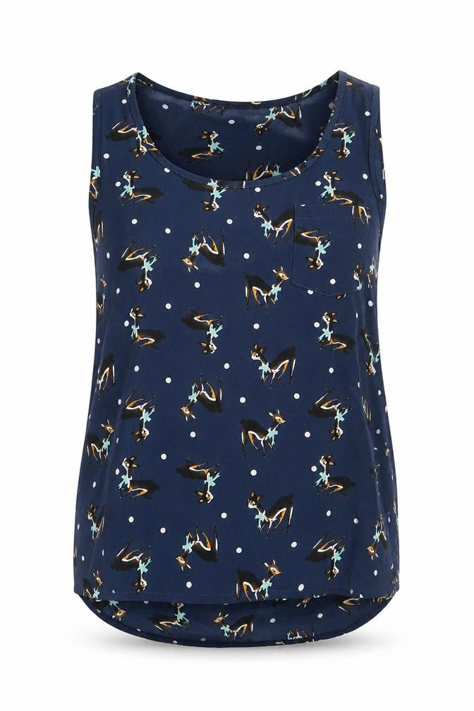 Diffuse Womens Blue Geometric Polyester Basic Tank Size 10 Round Neck - Reindeer Pattern