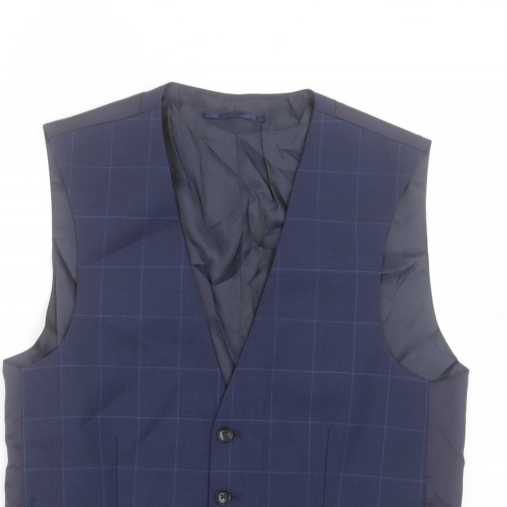 NEXT Mens Blue Plaid Wool Jacket Suit Waistcoat Size 38