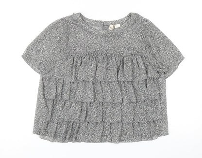 H&M Womens Grey Floral Polyester Basic Blouse Size 10 Round Neck