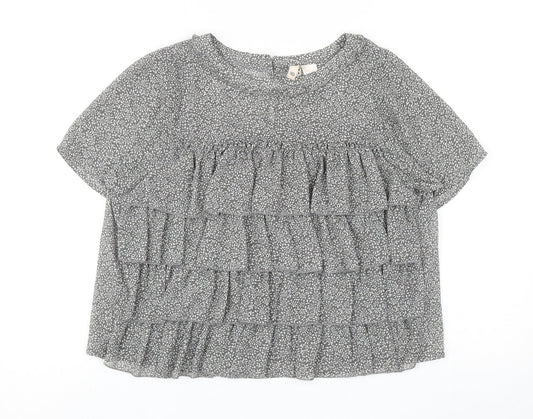 H&M Womens Grey Floral Polyester Basic Blouse Size 10 Round Neck