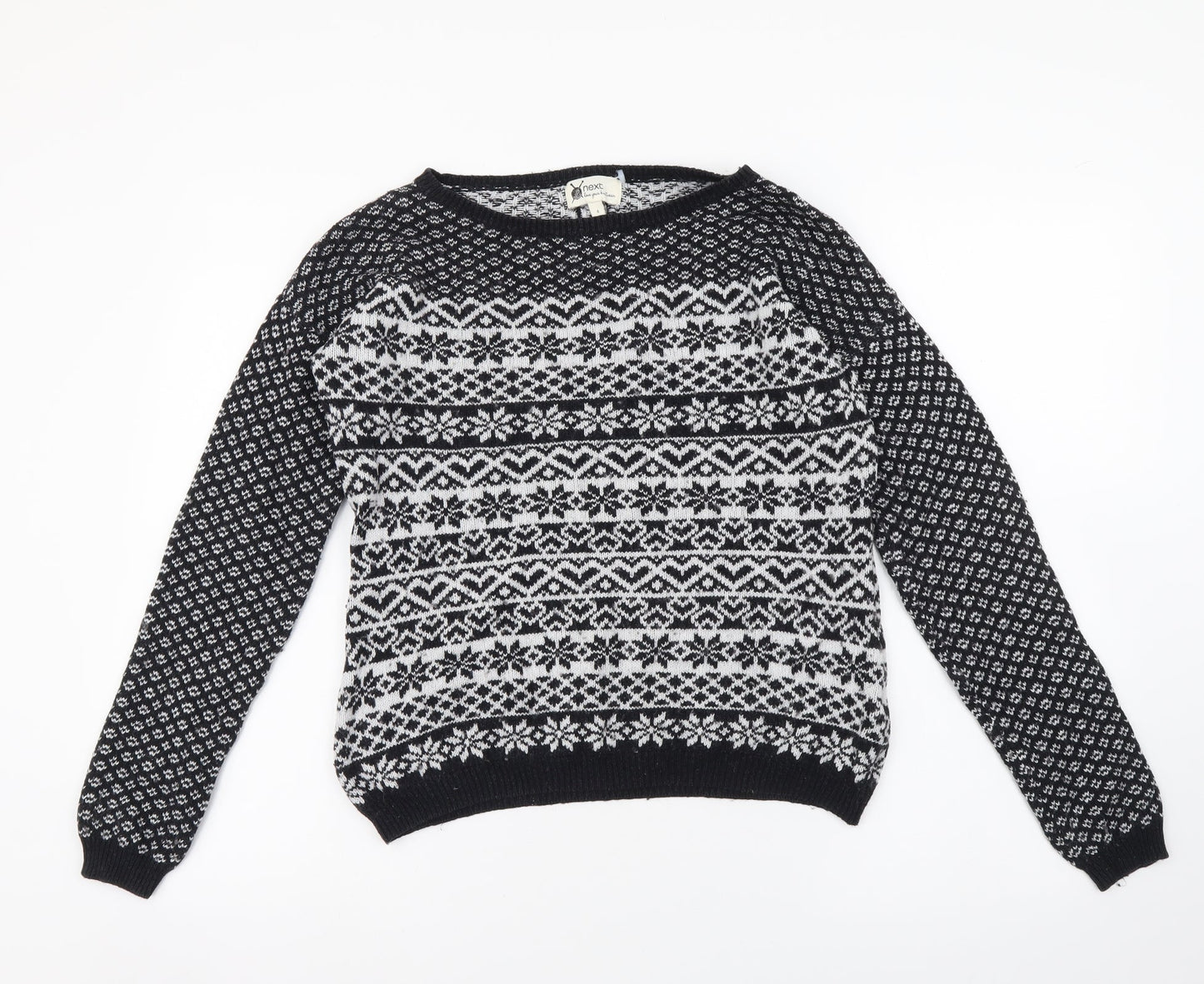 NEXT Womens Black Boat Neck Fair Isle Cotton Pullover Jumper Size 6