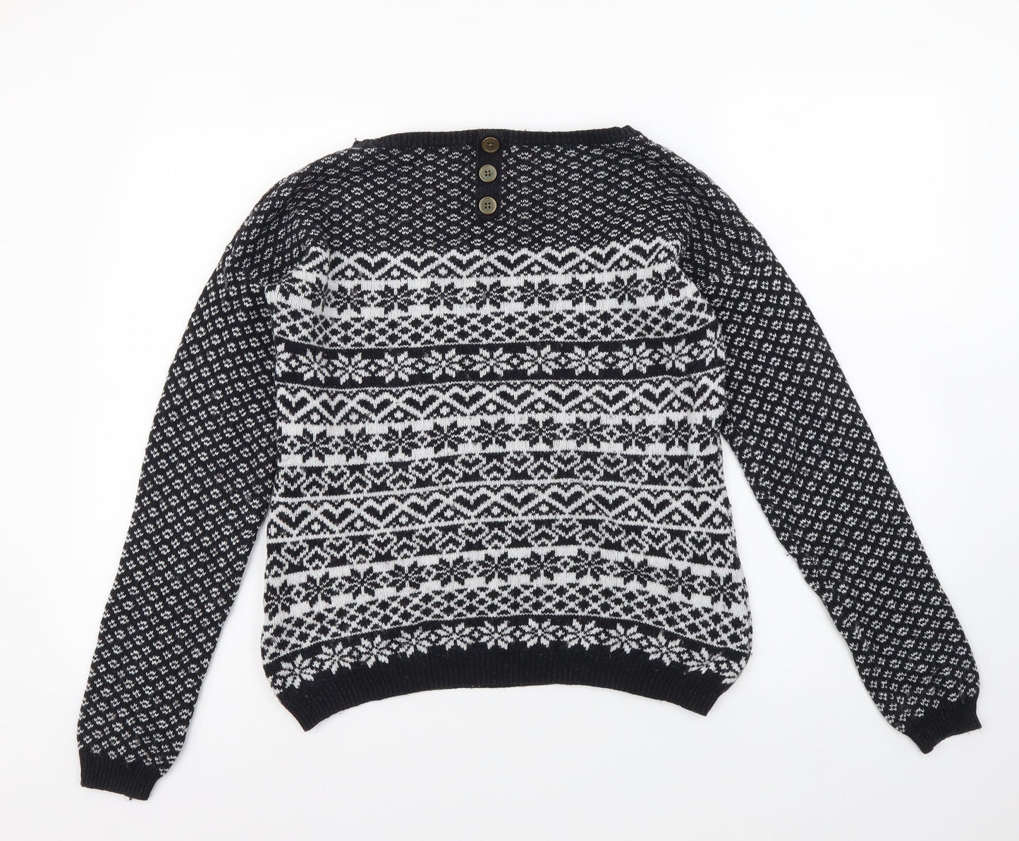NEXT Womens Black Boat Neck Fair Isle Cotton Pullover Jumper Size 6
