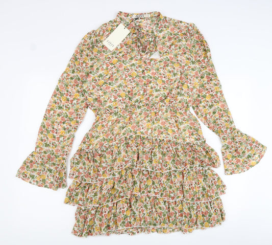 IVIVI Womens Multicoloured Floral Polyester Mini Size L V-Neck Lace Up