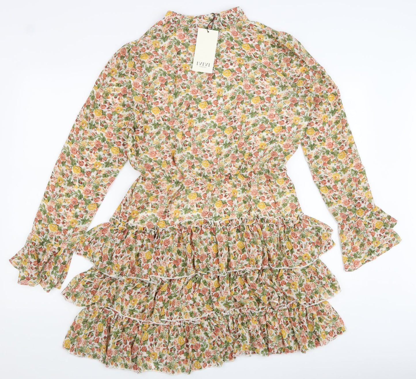 IVIVI Womens Multicoloured Floral Polyester Mini Size L V-Neck Lace Up