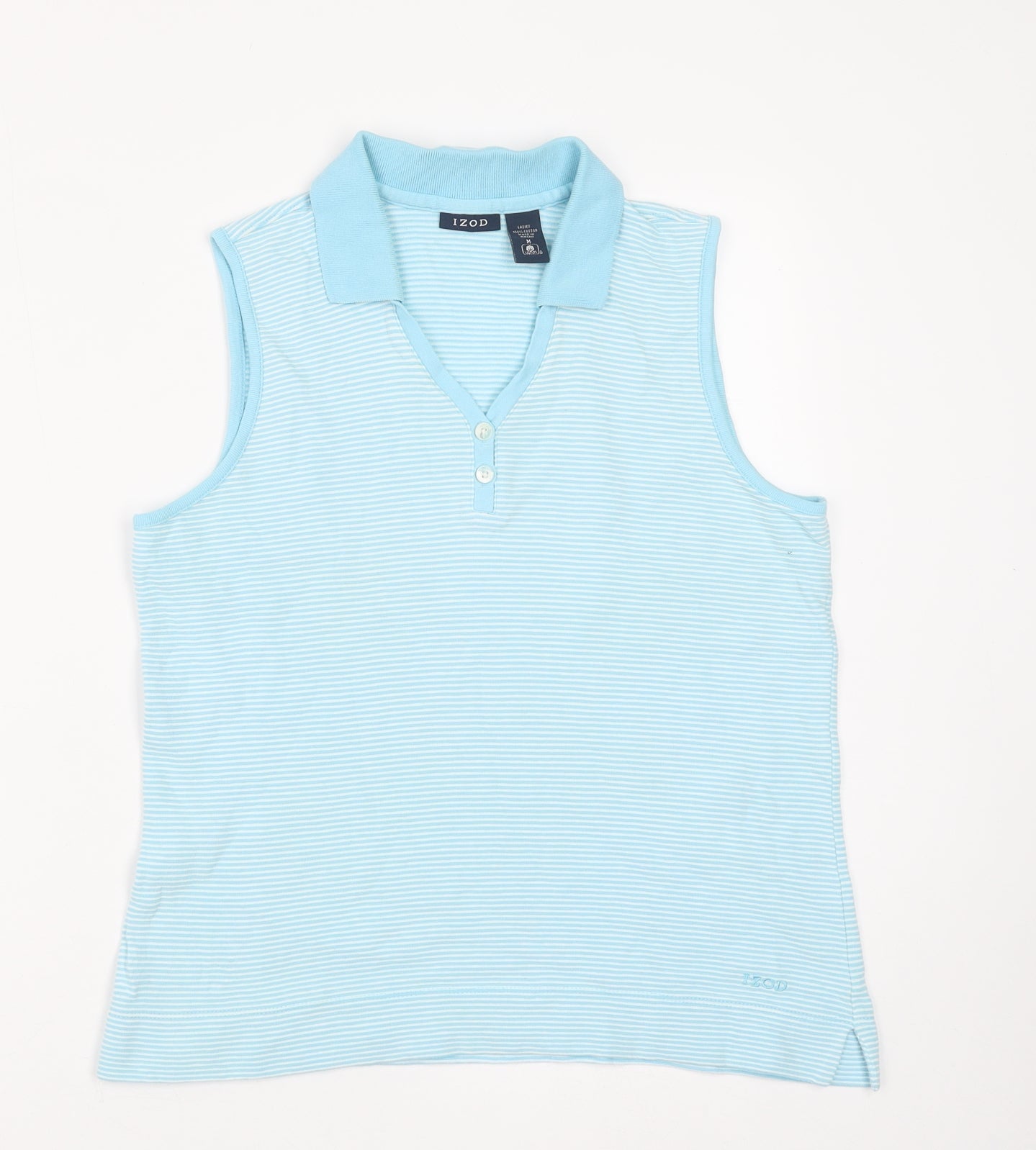 IZOD Womens Blue Striped Cotton Basic Blouse Size M V-Neck