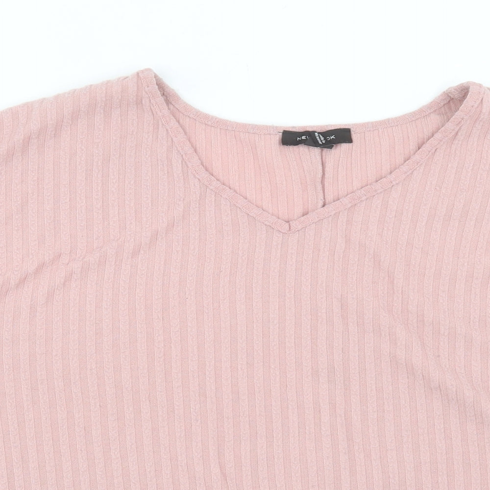 New Look Womens Pink Polyester Basic T-Shirt Size L V-Neck - Ribbed