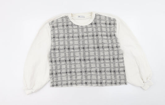 Zara Womens White Plaid Cotton Pullover Sweatshirt Size L Pullover