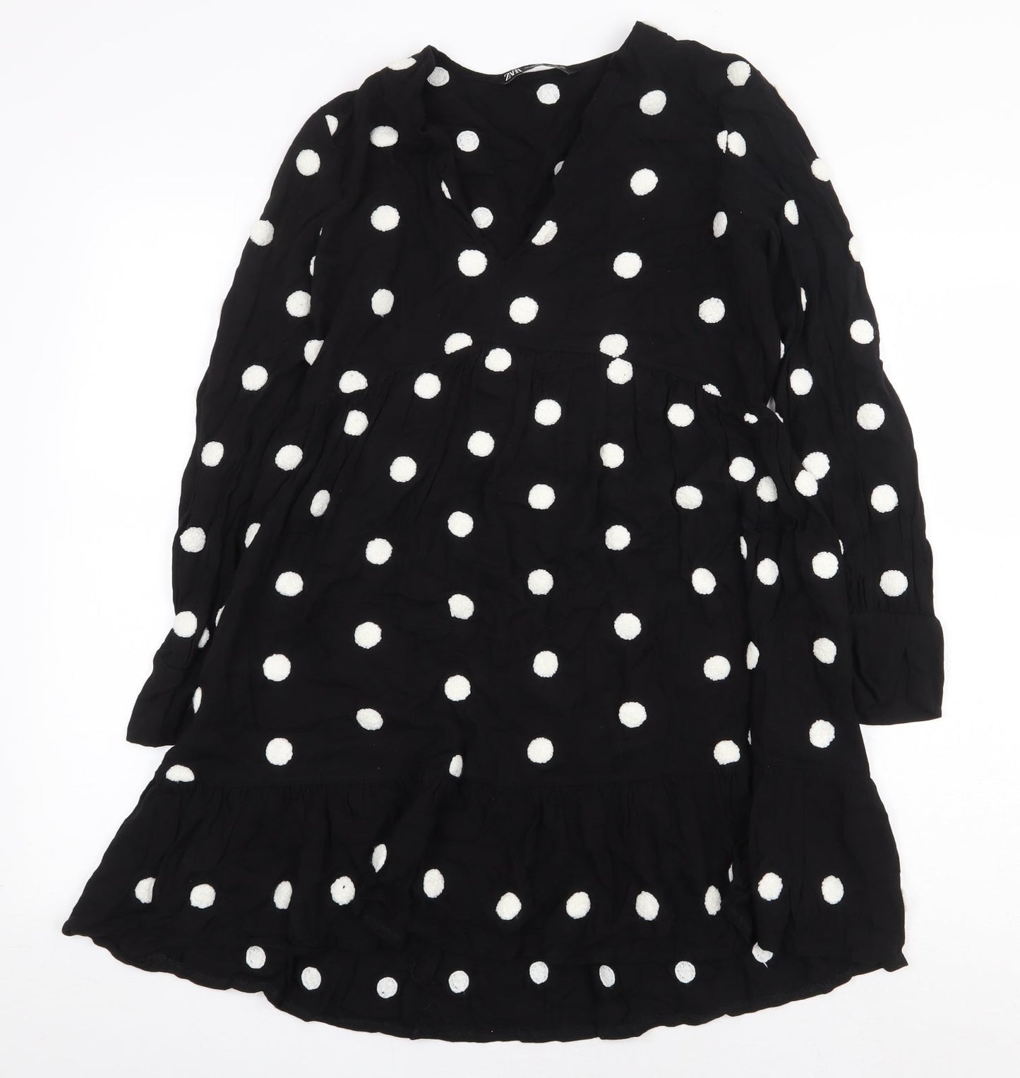 Zara Womens Black Polka Dot Viscose A-Line Size XS V-Neck Pullover