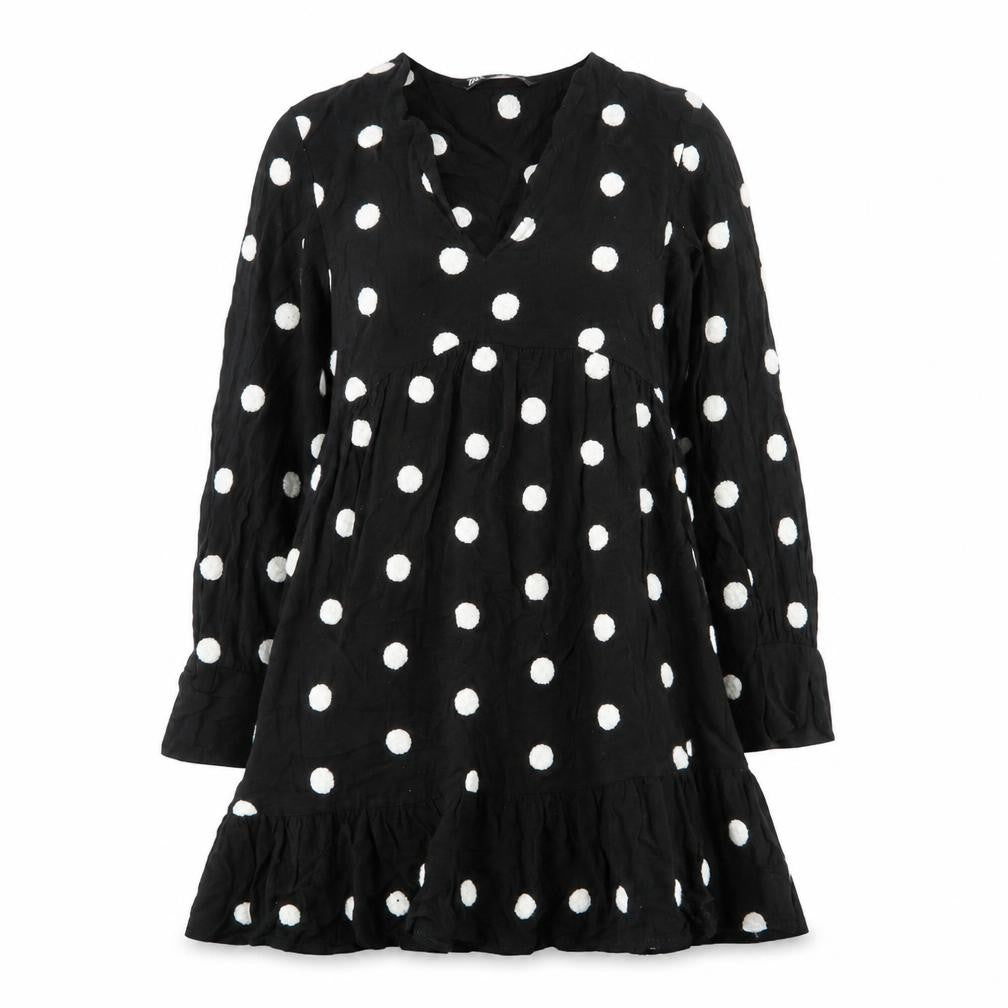 Zara Womens Black Polka Dot Viscose A-Line Size XS V-Neck Pullover