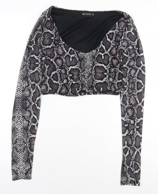 PRETTYLITTLETHING Womens Grey Animal Print Polyester Cropped Blouse Size 12 Scoop Neck - Snakeskin Pattern