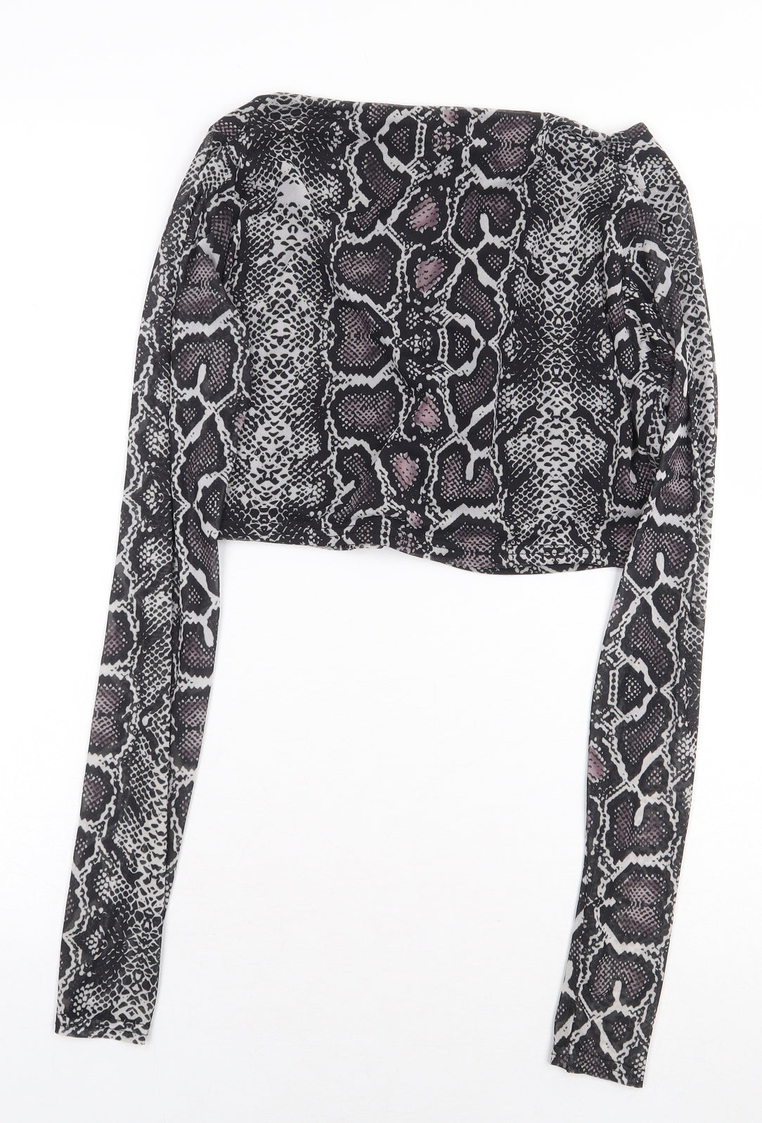 PRETTYLITTLETHING Womens Grey Animal Print Polyester Cropped Blouse Size 12 Scoop Neck - Snakeskin Pattern