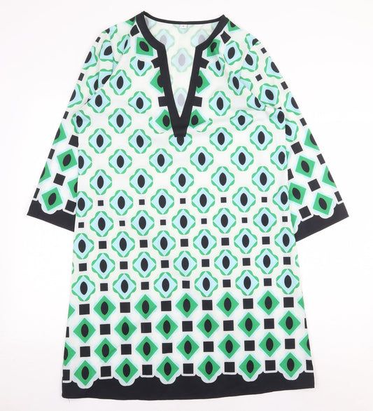 Preworn Womens Green Geometric Polyester Shift Size M V-Neck Pullover