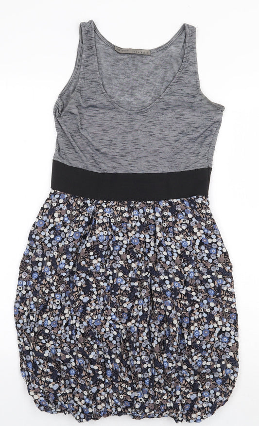 Zara Womens Grey Floral Viscose Tank Dress Size M Scoop Neck Pullover