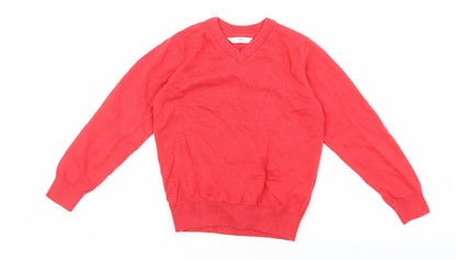 Preloved Marks and Spencer Girls Red V-Neck 100% Cotton Pullover Jumper Size 5-6 Years Pullover - Front