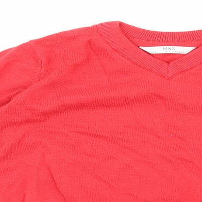 Preloved Marks and Spencer Girls Red V-Neck 100% Cotton Pullover Jumper Size 5-6 Years Pullover - Detail