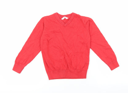 Preloved Marks and Spencer Girls Red V-Neck 100% Cotton Pullover Jumper Size 5-6 Years Pullover - Front