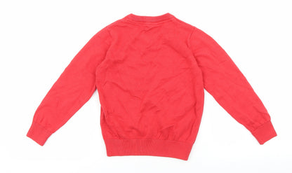 Preloved Marks and Spencer Girls Red V-Neck 100% Cotton Pullover Jumper Size 5-6 Years Pullover - Back