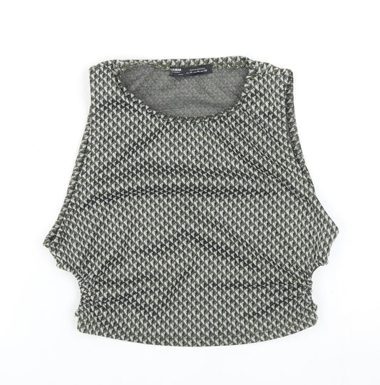 Pull&Bear Womens Green Geometric Polyester Cropped Tank Size M Round Neck
