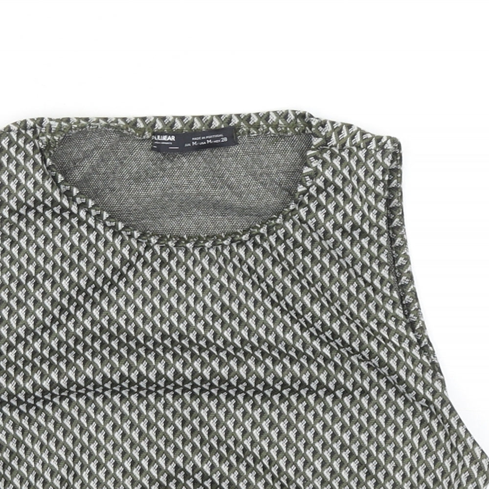 Pull&Bear Womens Green Geometric Polyester Cropped Tank Size M Round Neck