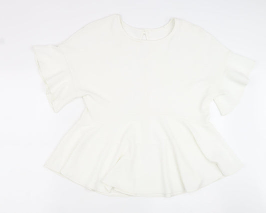 Preworn Womens White Polyester Basic Blouse Size 14 Round Neck
