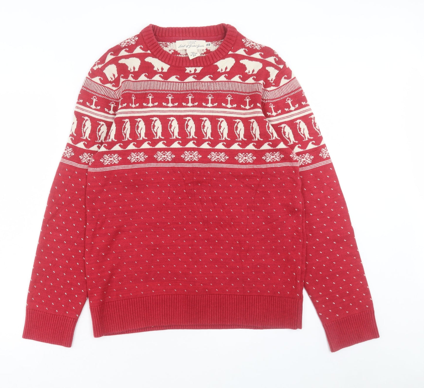 H&M Mens Red Round Neck Geometric Cotton Pullover Jumper Size M - Arctic Animals, Christmas