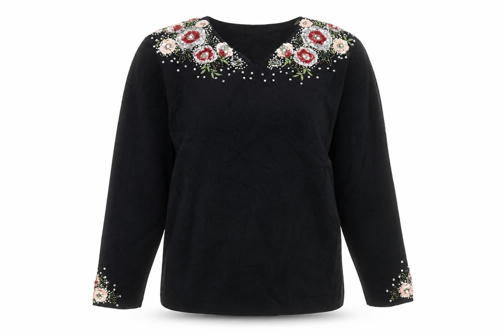 Stephan Womens Black V-Neck Viscose Pullover Jumper Size S - Flower Detail