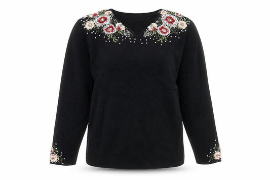 Stephan Womens Black V-Neck Viscose Pullover Jumper Size S - Flower Detail