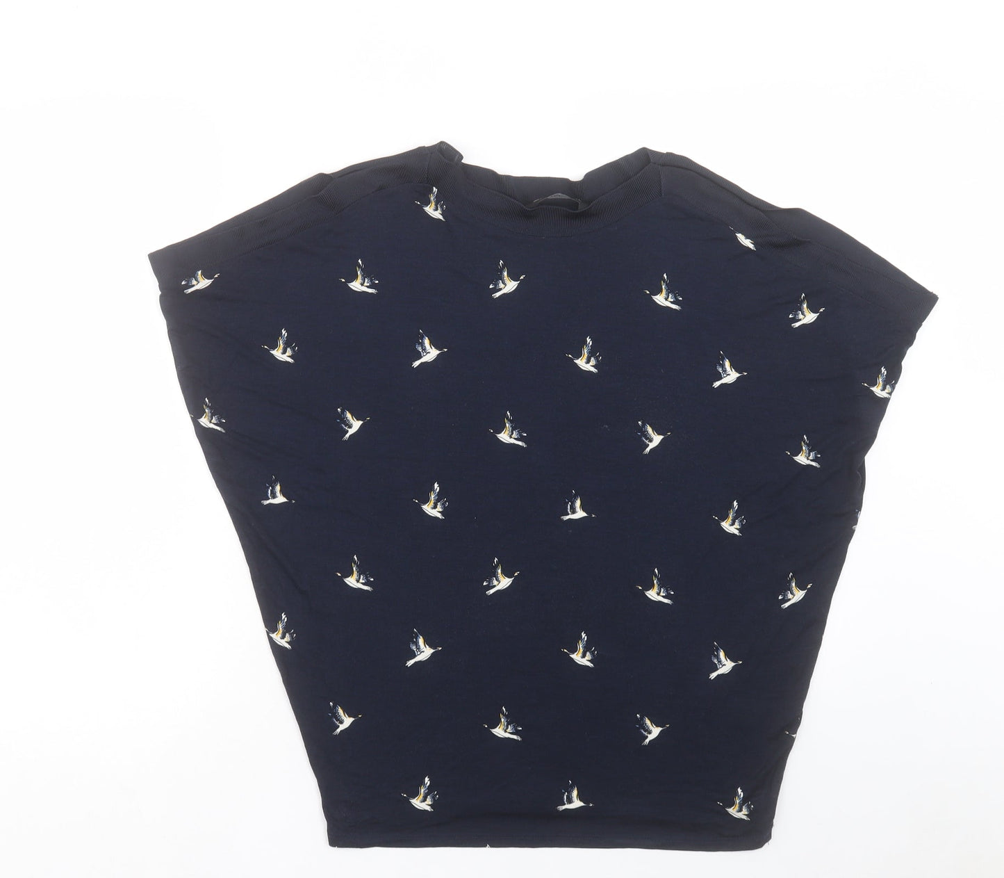 F&F Womens Blue Geometric Viscose Basic T-Shirt Size 8 Round Neck - Bird Print Cold Shoulder