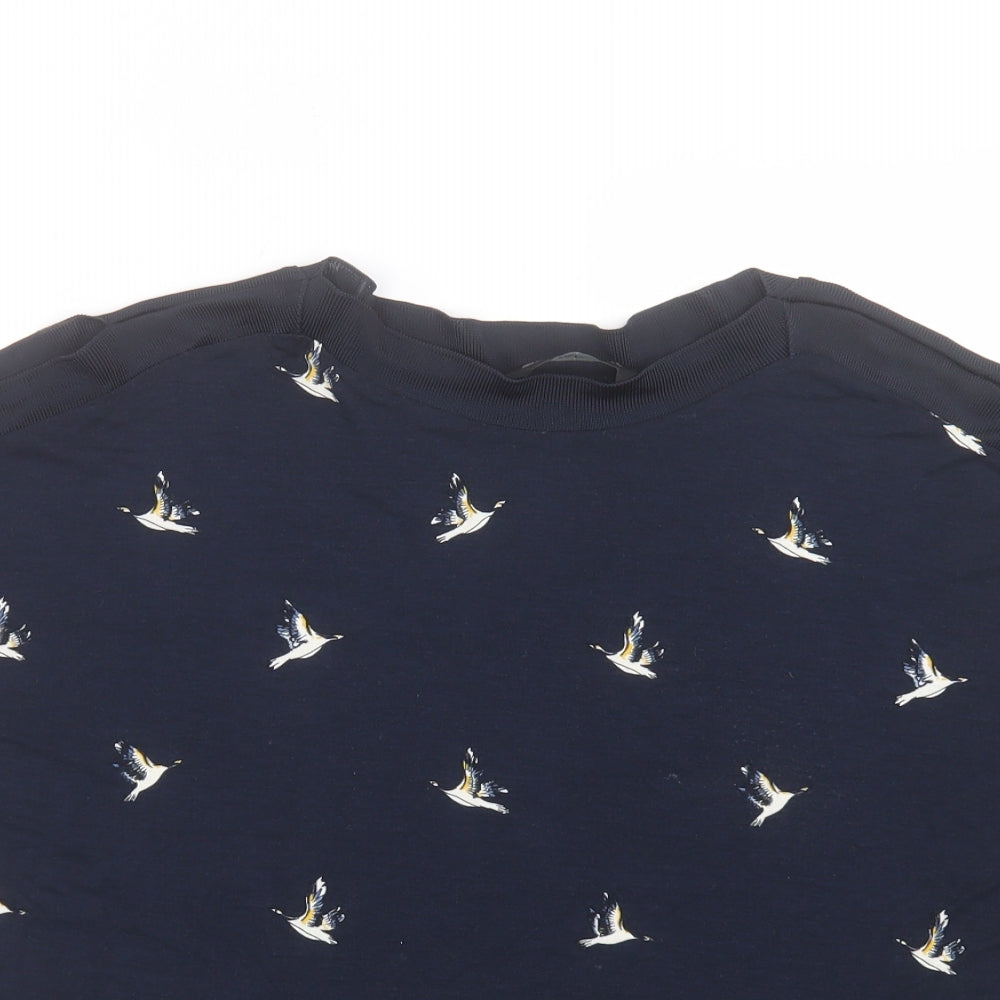 F&F Womens Blue Geometric Viscose Basic T-Shirt Size 8 Round Neck - Bird Print Cold Shoulder