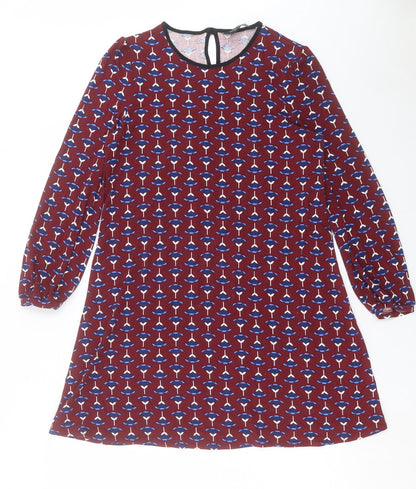 Dorothy Perkins Womens Red Geometric Viscose Shift Size 10 Round Neck Button