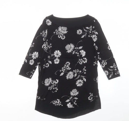 Marks and Spencer Womens Black Floral Viscose Basic Blouse Size 8 Boat Neck