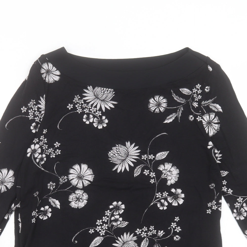 Marks and Spencer Womens Black Floral Viscose Basic Blouse Size 8 Boat Neck