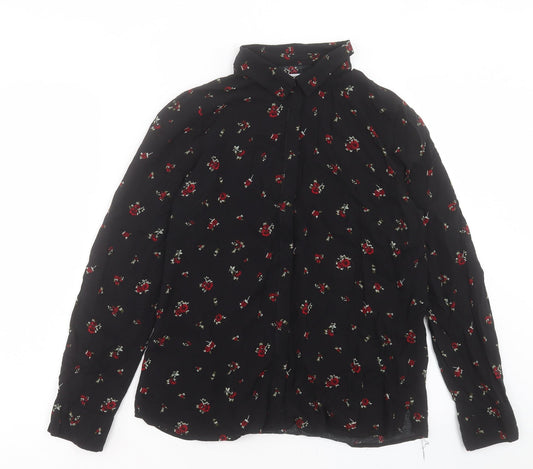 Pull&Bear Womens Black Floral Viscose Basic Button-Up Size L Collared - Tie Neck Detail