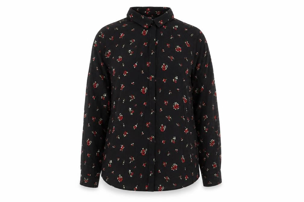 Pull&Bear Womens Black Floral Viscose Basic Button-Up Size L Collared - Tie Neck Detail