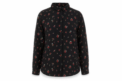 Pull&Bear Womens Black Floral Viscose Basic Button-Up Size L Collared - Tie Neck Detail