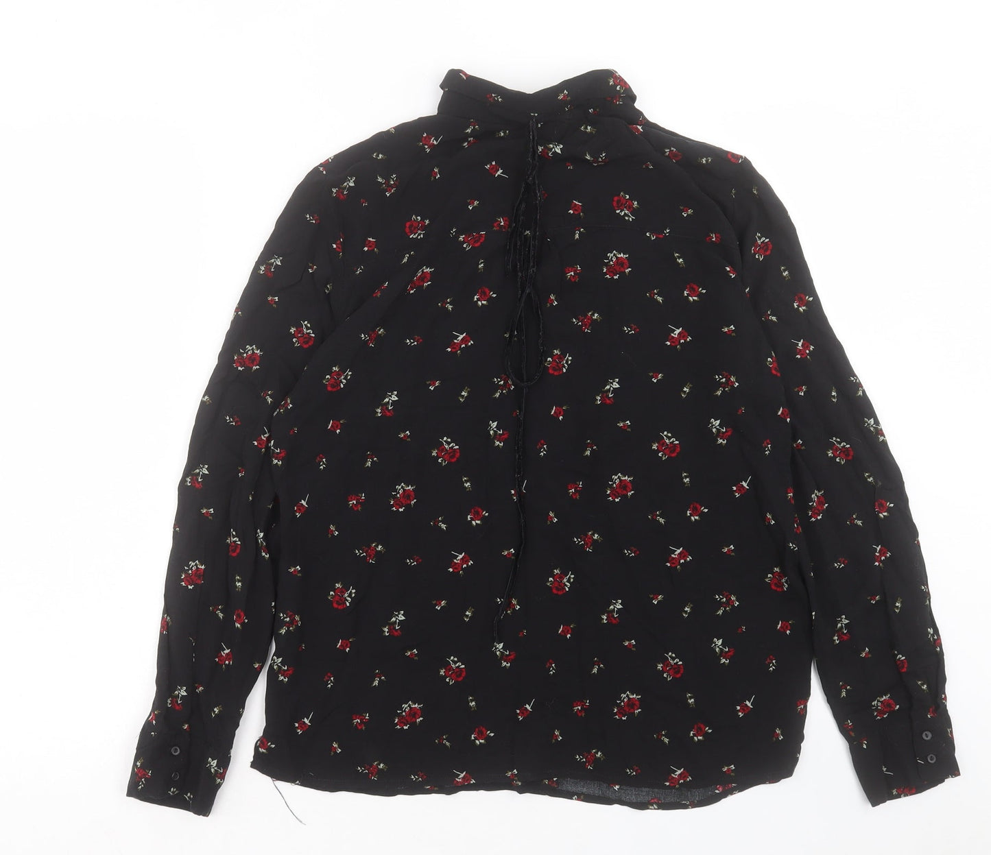 Pull&Bear Womens Black Floral Viscose Basic Button-Up Size L Collared - Tie Neck Detail
